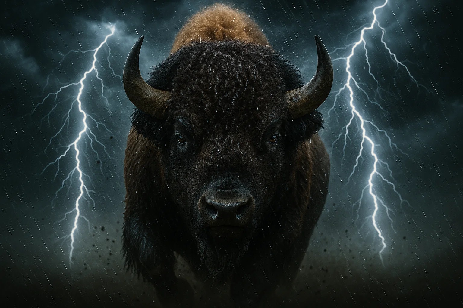 A bison facing forward through driving rain and two bolts of lightning against a dark storm sky, head lowered as if ready to charge.